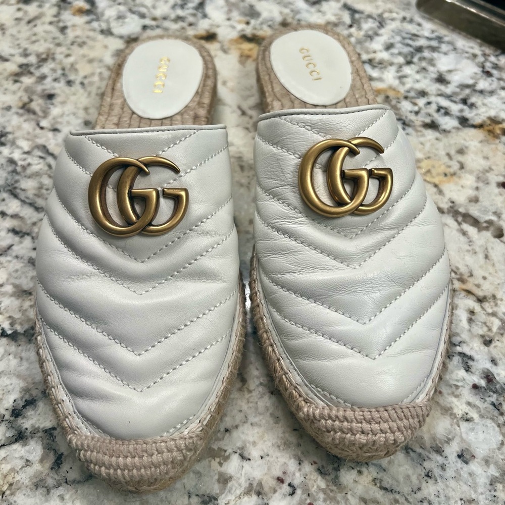 Authentic Nappa Matelasse GG Marmont Espadrille Slippers 37.5 Great White